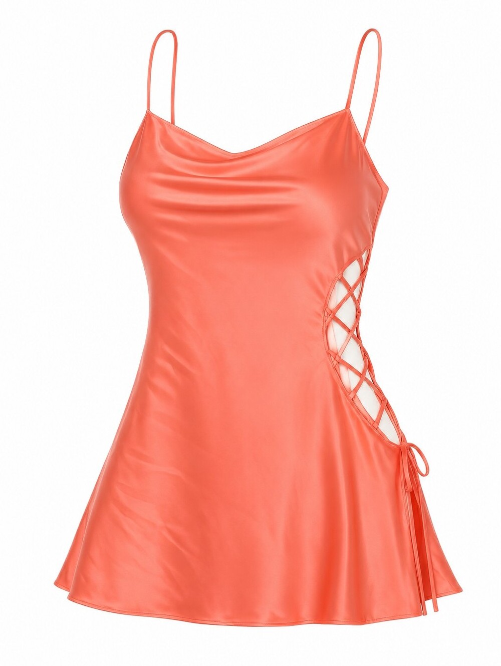 NWT La SENZA Neon Coral Satin Silky Lace-Up Side Sexy Babydoll Slip Size XL